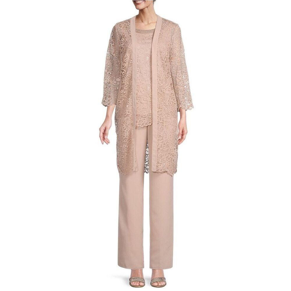 Le Bos 3 Piece Mature Formal Wear Taupe Champagne Latte Pant Suit sz 12 NWT